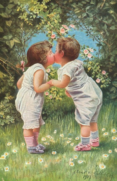 庭でキスをする少年と少女（カラーリトグラフ） 作： Arno von Riesen Riesen