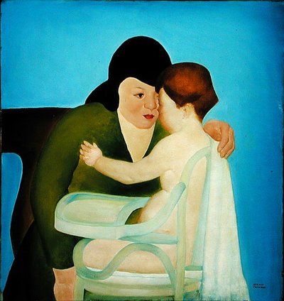 ハイチェアに子供を持つ女性（キャンバスに油彩） 作： Arnold Aaron Friedman