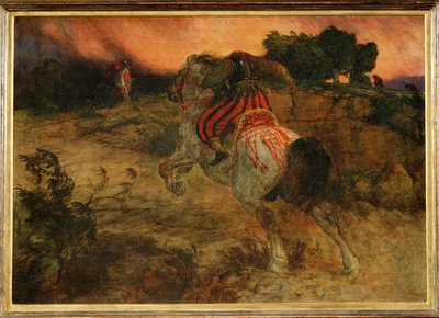 巨人オリルの首を持って逃げるアストルフ -1874年...（キャンバスに描かれた絵） 作： アーノルド・ベックリン