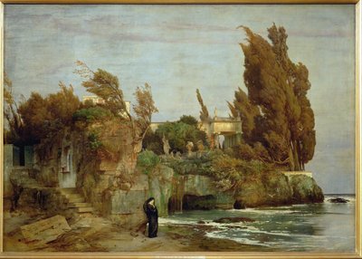 ヴィラ・アム・メール - 海辺のヴィラ、セカンド・バージョン... （キャンバスペインティング） 作： Arnold Böcklin