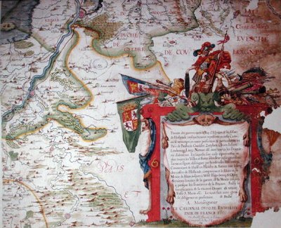リシュリュー枢機卿（1585-1642）に捧げられたカルトゥーシュと、三十年戦争（1618-48）当時の低地の地図、「Atlas de Richelieu」（col 作： Arnold Florent van Langren