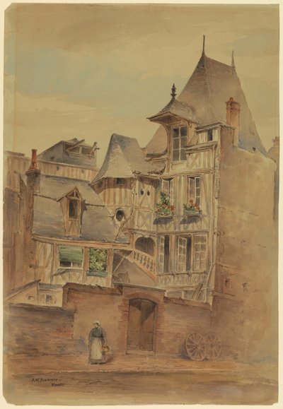 ドローイング、中世の家々のある街並み、1885年頃 作： Arnold William Brunner
