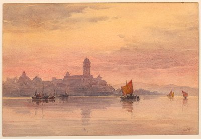 セーリング ボートに沈む夕日 作： Arnold William Brunner