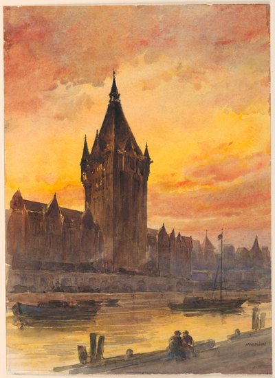 塔と川に沈む夕日 作： Arnold William Brunner