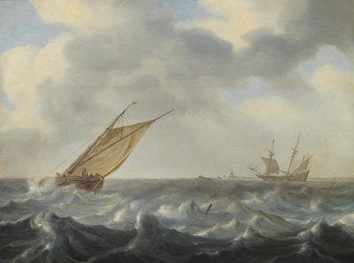 沿岸付近の荒波に揉まれるフィッシングカッターと2人乗り漁船 作： Arnoldus van Anthonissen