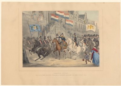 ウィリアム 2 世のライデン入城、1841 年 1841 年 6 月 1 日、ライデンでの H.M. デン コーニング ヴィレム 2 世の厳粛なイントグト (オブジェクトのタイトル) 作： Arnz and Co.