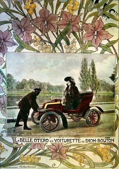 デディオンブトン車のハンドルを握るラベルオテロ、1900年頃 作： Arsene Herbinier