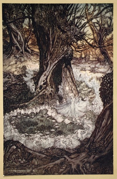 ウィリアム・シェイクスピアの「真夏の夜の夢」からの挿絵「さあ、今度は丸くなって」。 作： Arthur (after) Rackham