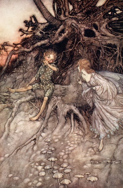 ウィリアム・シェイクスピアの「真夏の夜の夢」の挿絵「私は夜の陽気な放浪者だ 作： Arthur (after) Rackham