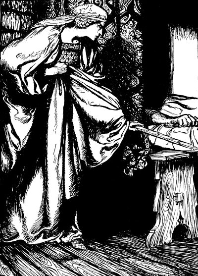 アーサー王の剣を盗むモーガン・ル・フェイ 作： Arthur (after) Rackham