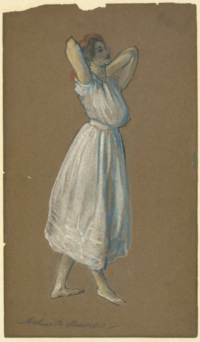 手を頭の後ろに組んで立っている女性 作： Arthur B. Davies