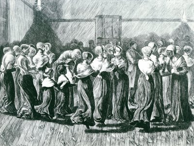 ミーティングでのシェーカー：宗教舞踊、イラスト、グラフィック、1870年5月14日公開 作： Arthur Boyd Houghton