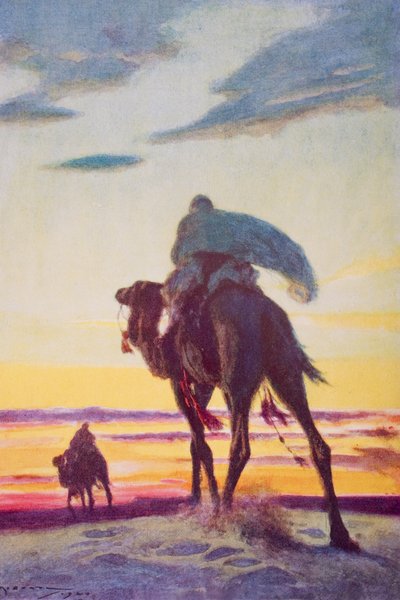 ムハンマドのメディナへの逃避、1920年に出版されたH.G.ウェルズの「歴史の概要」第2巻のイラスト（カラーリソ） 作： Arthur C. (after) Michael