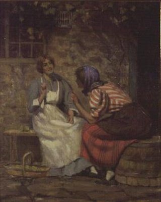 スキャンダル、コテージの外でうわさ話をしている二人の女の子 作： Arthur Claude Cooke