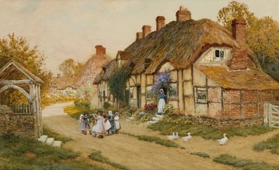 村のコテージの外で遊ぶ子供たち 作： Arthur Claude Strachan