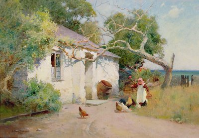 鶏への給餌、1894年（油） 作： Arthur Claude Strachan
