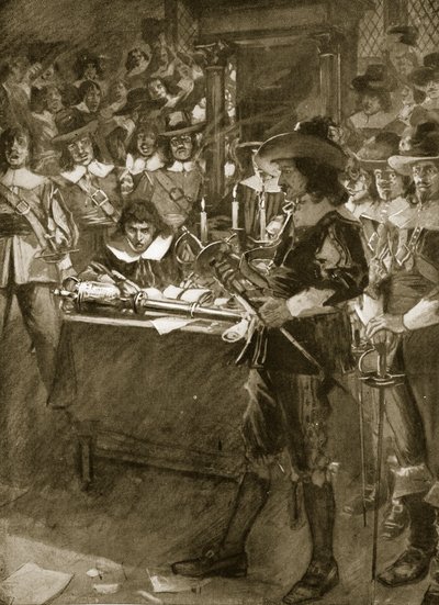 ストラフォードは下院に彼の剣を配りました。「ハッチンソンのイギリス国民の物語」、1923年頃 作： Arthur David McCormick