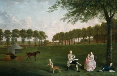 1761 年、ケント州エルサム ロッジの公園にいるサー ジョン ショーとその家族。 作： Arthur Devis