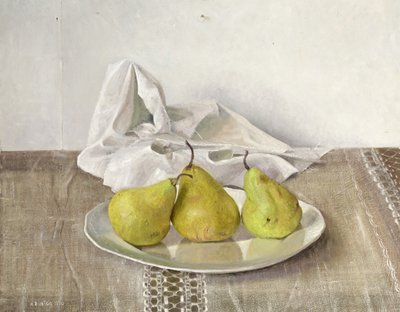 皿の上の3つの梨、静物、1990年 作： Arthur Easton