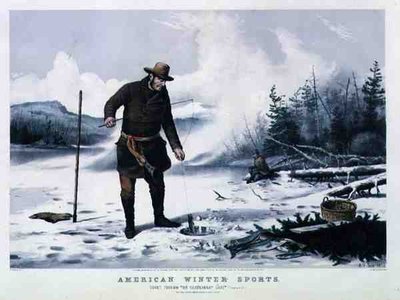 アメリカのウィンタースポーツ。シャトーゲイ湖のトラウト・フィッシング（Currier & Ives社刊 作： Arthur Fitzwilliam (after) Tait