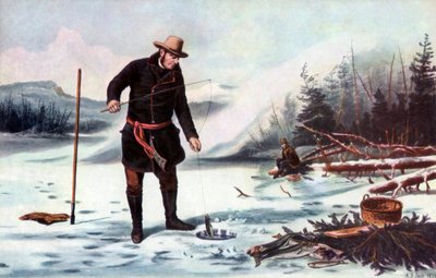 シャトーゲイ湖でのマス釣り、アメリカのウィンタースポーツ、1856年。 作： Arthur Fitzwilliam Tait