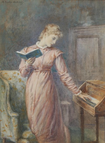スピネットを弾きながら読書する女性。 作： Arthur Foord Hughes