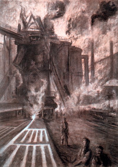 「高炉を叩く」、c1920 作： Arthur Garratt