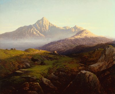 山岳風景の中のハイランド牛（キャンバスに油彩） 作： Arthur Gilbert