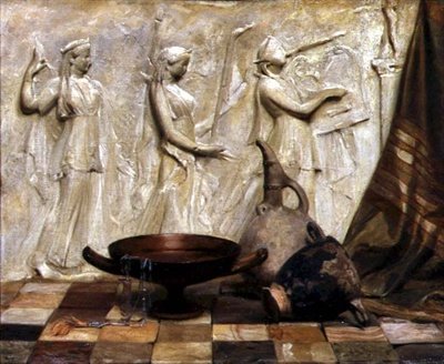 ギリシャのフリーズによるスカイフォス、カイリクス、ワインジャグ、エジプトのネックレス（油彩・キャンバス） 作： Arthur Hacker