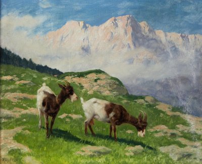 山の風景の中のアーサー・ヘイヤー山羊 作： アーサー・ヘイアー