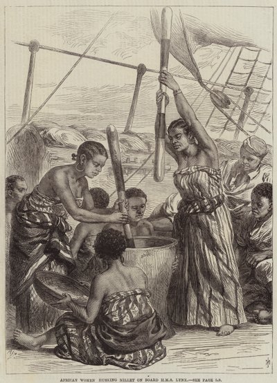 HMS Lynxに乗ってキビを脱穀するアフリカの女性 作： Arthur Hopkins
