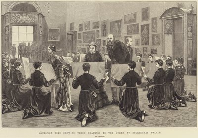 バッキンガム宮殿で女王に図面を見せているブルーコートの少年 作： Arthur Hopkins