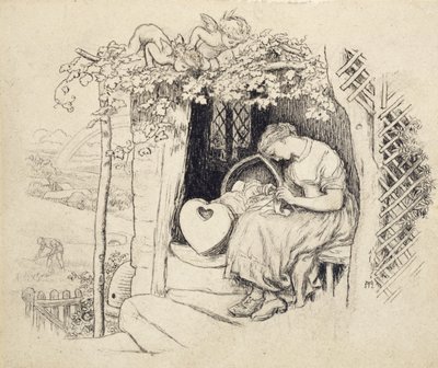 ゆりかごによって（グラファイトの上にペンとインドのインク） 作： Arthur Hughes