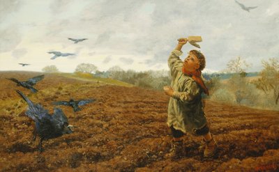 Crow-Scarer; "鳩とカラス、つま先の世話をする"、1884 作： Arthur Hughes
