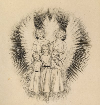 広大な地球上の3人の小さな子供（オフホワイトの紙にペンと黒のインク） 作： Arthur Hughes
