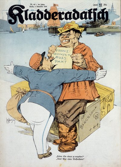 仏ソ協定に関するドイツの漫画（フランスの税関職員とロシアの船員："何か申告するものはあるか？いいえ！武器だけだ。(スペイン戦争の文脈）、"Kladderadatsch" 8/11/1936、アーサー・ジョンソン（1874-1954）絵。 作： アーサー・ジョンソン