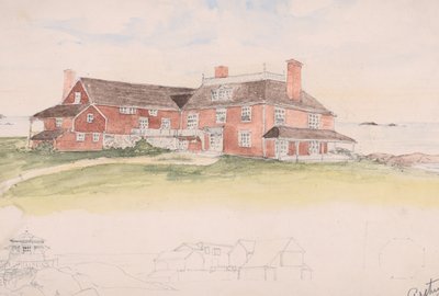 水辺の木造住宅は、マサチューセッツ州マンチェスターの崖の初期のアイデアかもしれません。 1879年。 作： Arthur Little