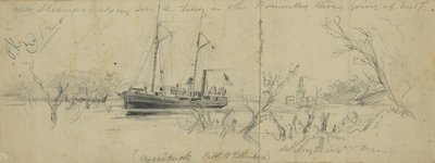 パマンキー川でのUSSクリタックとタグボートSeth Low（1862年 作： アーサー・ラムリー