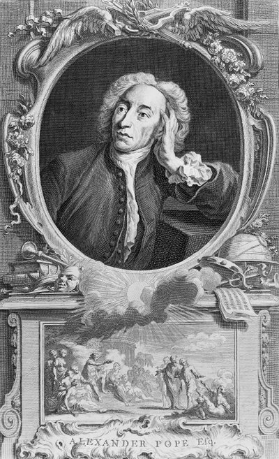 アレキサンダーポープの肖像画（1688〜1744）、ヤコブスウーブラケン（1698〜1780）、1747（彫刻）（bw写真）によって彫刻 作： Arthur Pond