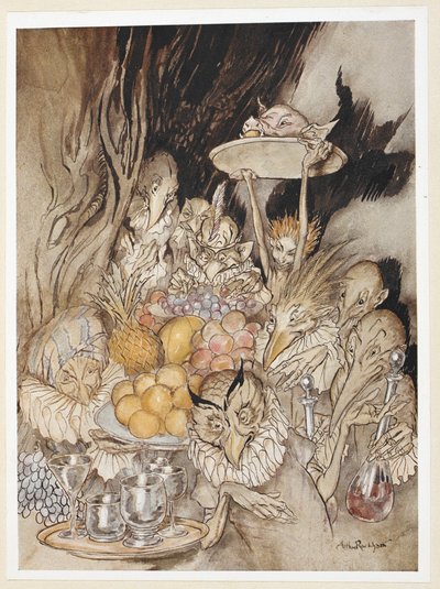 ACT III: シーン III、19 行目 いくつかの奇妙な形に入り、宴会をもたらします... 王様などを食事に誘う。 作： Arthur Rackham