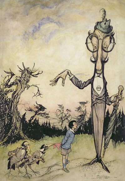 子供と二羽のカラスの巨人、マギー・ブラウン著ベティ・バーバーの本、1910年発行のペン（ペンとインク、後にハリー・ルーンツリー、1878-1950年によって着色）のイラスト（本oのイラスト） 作： Arthur Rackham