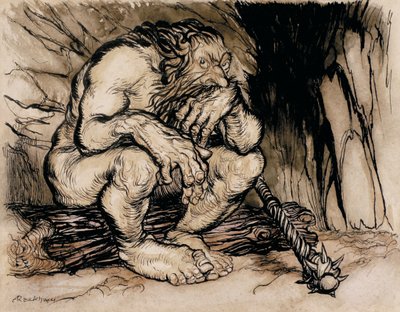 最もおもしろい巨人、英語のおとぎ話のイラスト、1918年に発行（ペンとインク、紙にトイレ） 作： Arthur Rackham