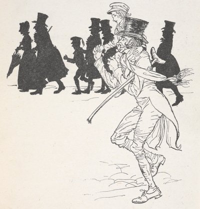男の肩に担がれる少年 作： Arthur Rackham