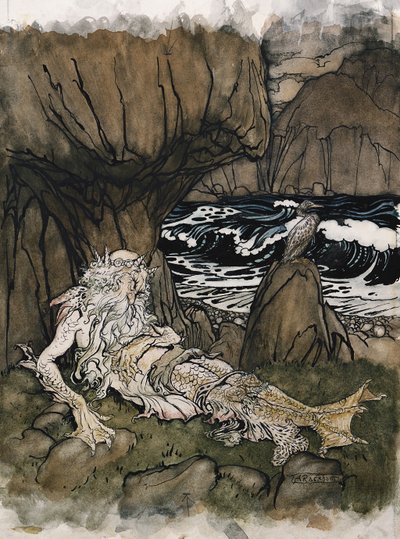 岩だらけの海岸で眠る海の神、王冠「マーマン」 作： Arthur Rackham