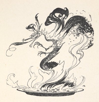 燃えるお金の皿から出てくるドラゴン 作： Arthur Rackham