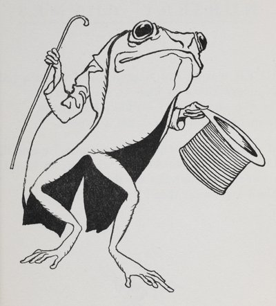 シルクハットと尻尾をつけ、杖をついたカエル。 作： Arthur Rackham