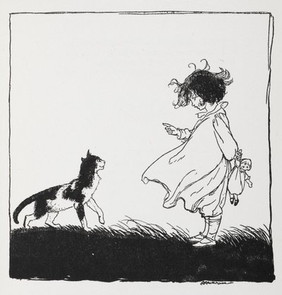 人形を持った少女が猫に告げる。 作： Arthur Rackham