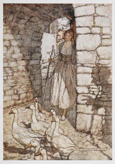 ガチョウを持つ少女。 作： Arthur Rackham
