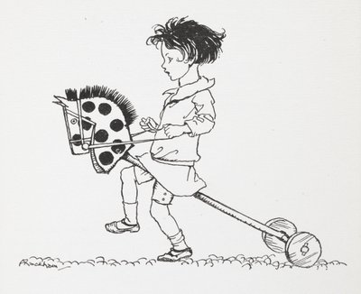 おもちゃの趣味の馬に乗った少女。 作： Arthur Rackham