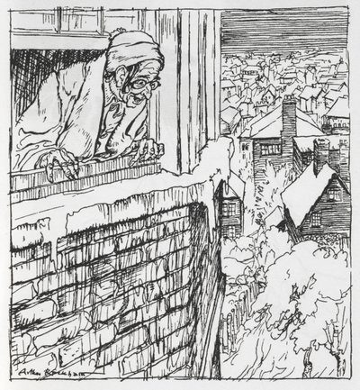 窓の外を見る男性 作： Arthur Rackham